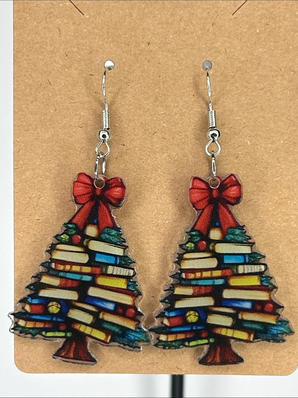 Book-Stack Christmas Tree Earrings with Red Bow Fashion Jewelry